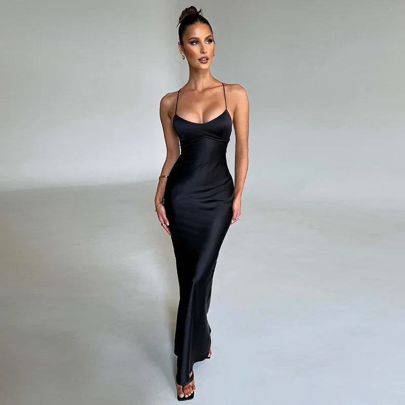 Satin Spaghetti Sleeveless Long Bodycon Dress