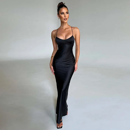 Satin Spaghetti Sleeveless Long Bodycon Dress