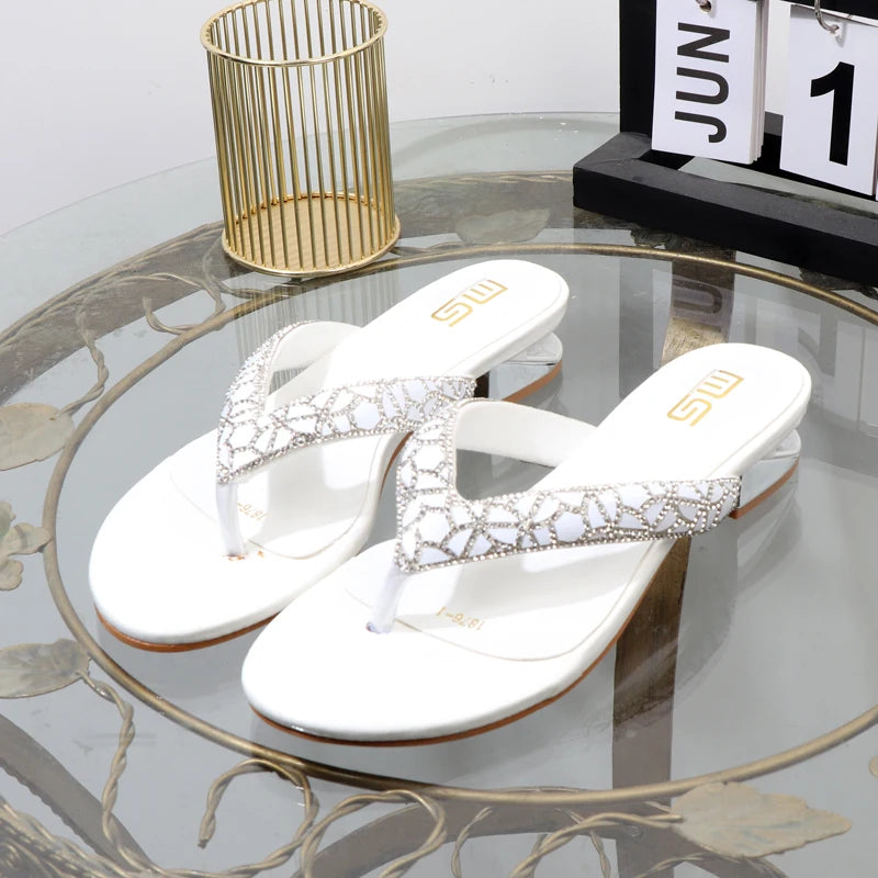 Clip Toe Low Heel Rhinestone Women's Slippers for Summer Wear