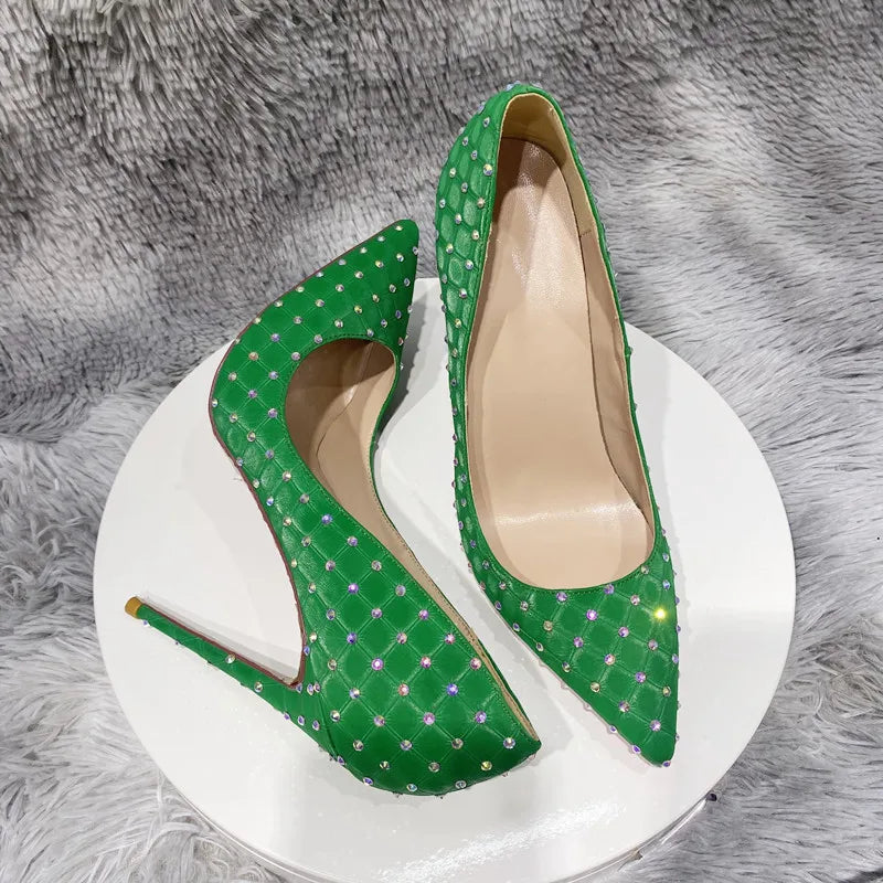 Green Flock Fabric Plaid Pointy Toe High Heel Shoes with Rhinestones for Women