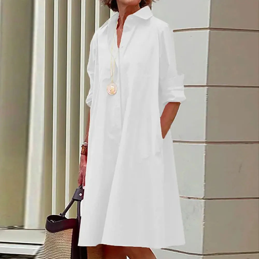 Collared Long Sleeve Button Down Patch Pocket Midi Shirt Dress