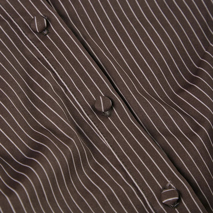 Vintage Brown Striped Blouse Women Fashion High Street Fitted Tee Shirt 2000s Casual Button Top Ladies Fall Outfits