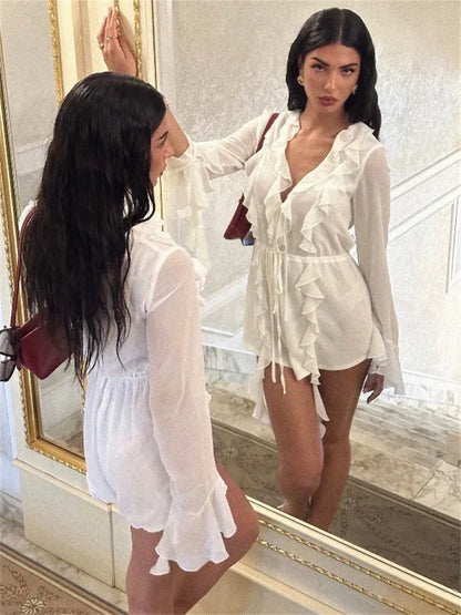 Sheer Chiffon Ruffle Trim Deep V-Neck Tie Front Long Sleeve Mini Dress
