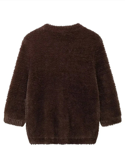 Faux Fur Half Sleeve Cardigans Women Single Breasted O-neck Loose Casual Wine Red Sweater Female Furry Autumn Chic Tops