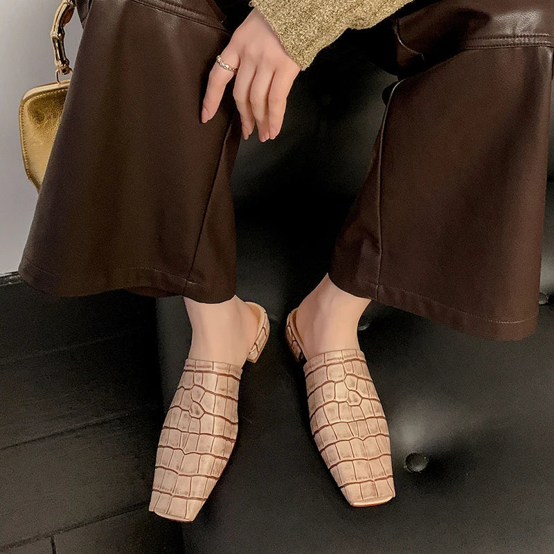 | Leather Croc-Embossed Low Heel Mules