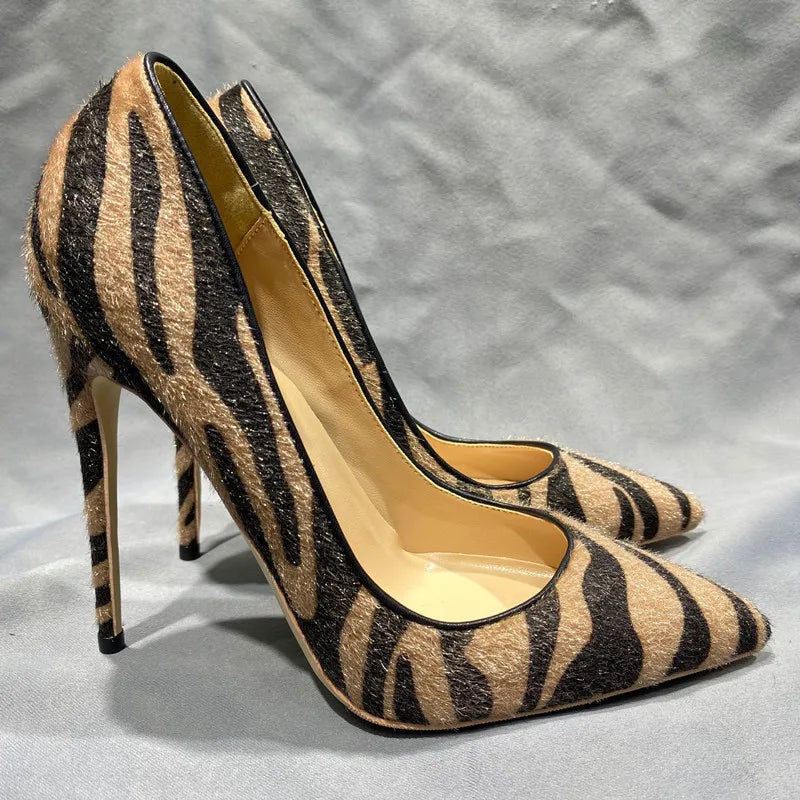 Hairy Brown Zebra Women Pointy Toe High Heel Shoes
