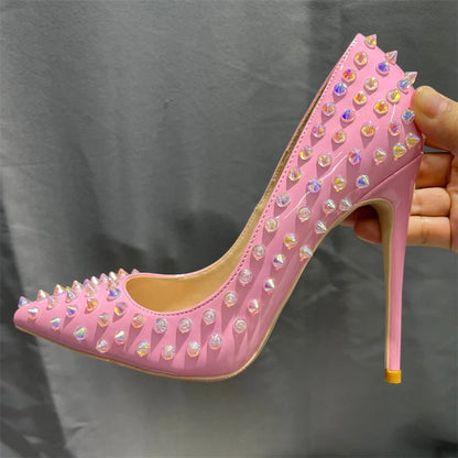Pink Patent Pointy Toe High Heels Shoes with Crystal Spikes for Women