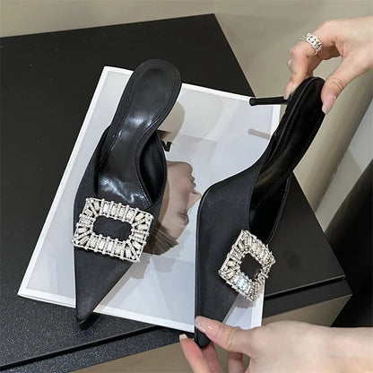 Crystal Buckle Pointed Toe Thin Heel Slippers for Women - Fashionable Casual Party Mules