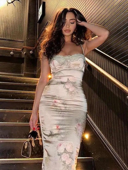 Lace Print Strapless Midi Dress