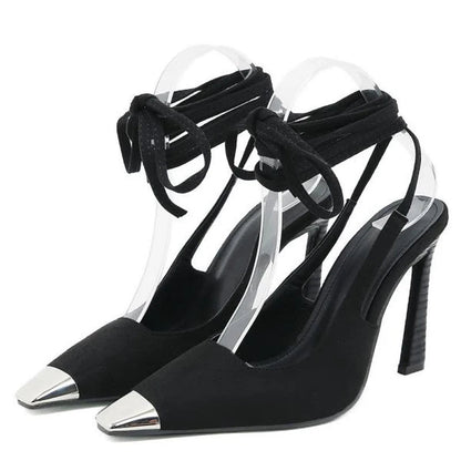 Metal Small Square Toe High Heels Female Slingback Sandals