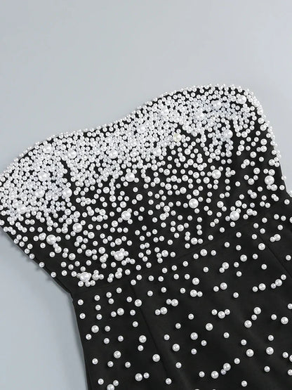 Black Strapless Pearls Beaded Embellished Maxi Dress