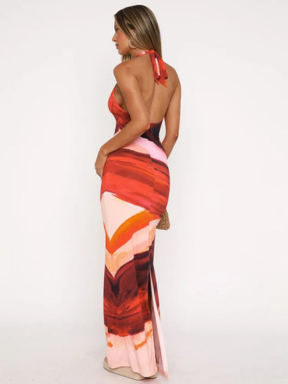 Halter Deep V Neck Lace-up Sleeveless Backless Vacation Dress