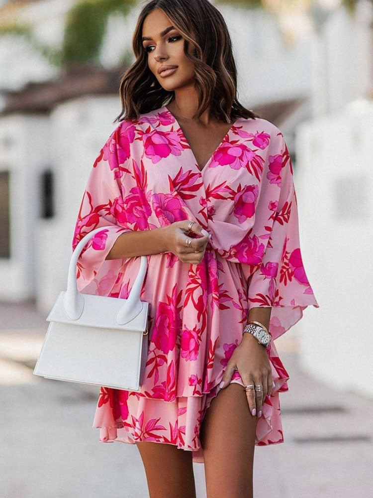 Tropical Floral Print Twist-Waist Kimono Sleeve Tiered Ruffle Mini Dress