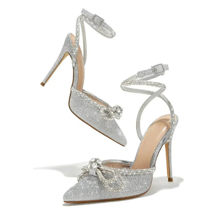 Crystal Buckle Strap Women Pumps with Butterfly-knot Detail and Thin High Heels