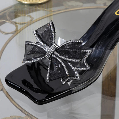 Autumn women's bow gauze elegant fashion slippers with square heel