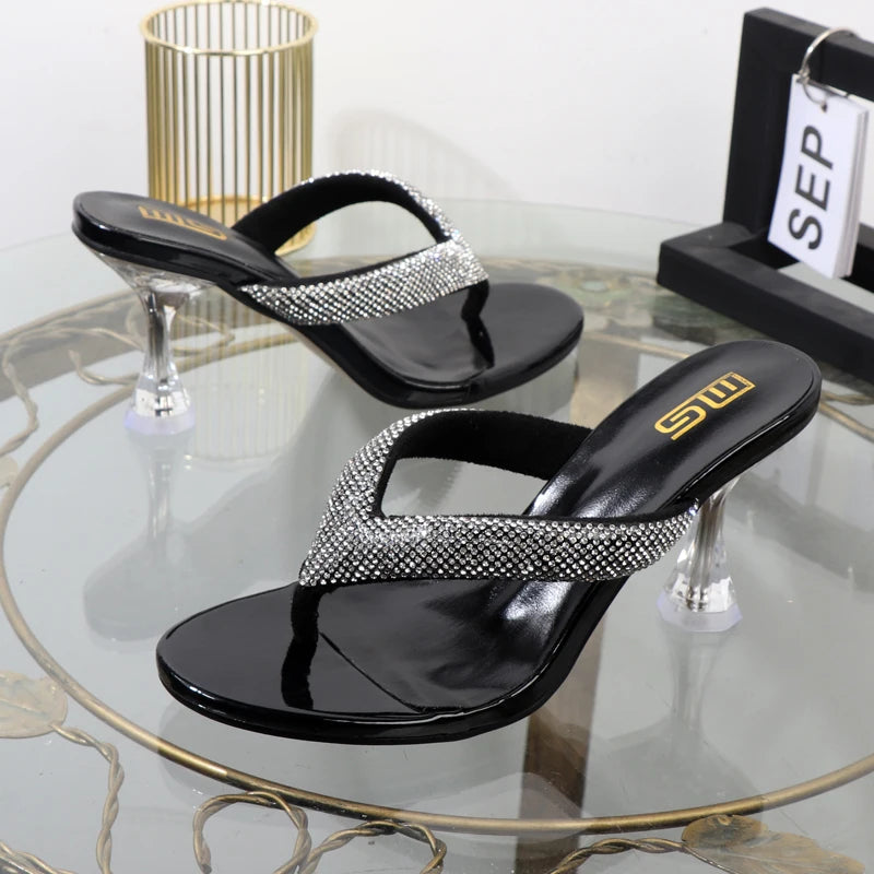 Autumn flip flops with transparent high heels and rhinestone embellishments for women's outdoor wear.