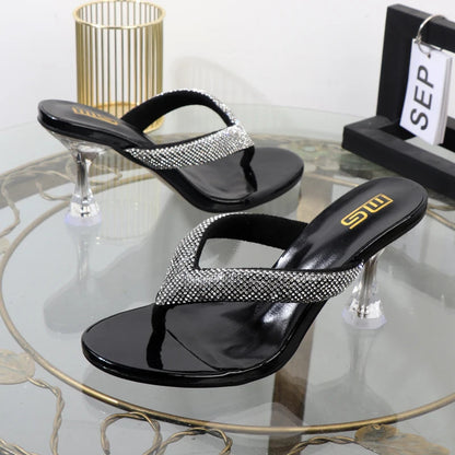 Autumn flip flops with transparent high heels and rhinestone embellishments for women's outdoor wear.