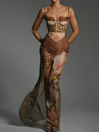 Leopard Mesh Patchwork Maxi Dress