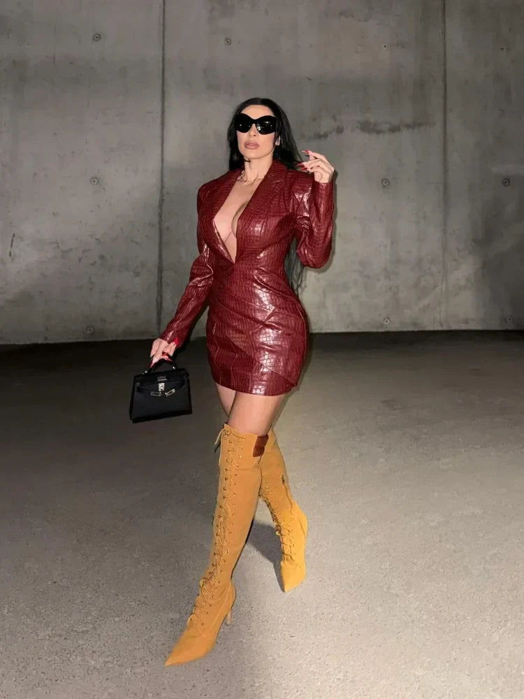 Plunging V-Neck Crocodile Embossed Long Sleeve Wrap Asymmetrical Mini Dress