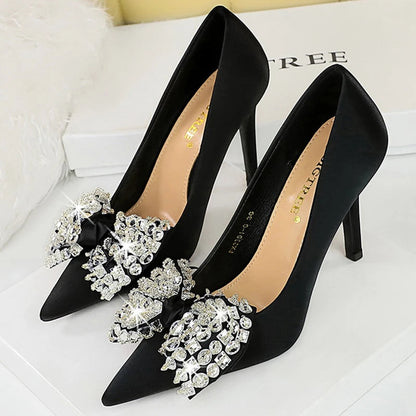 Rhinestone Bow Knot Women Pumps in Large Size 43 for Luxury Banquets