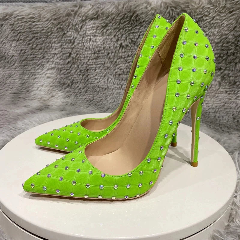 Black Plaid Fabric Pointy Toe High Heel Shoes with Rhinestones for Women