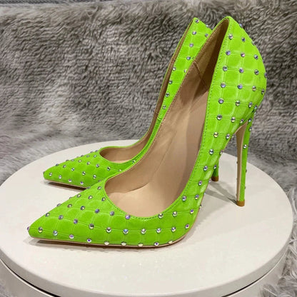 Black Plaid Fabric Pointy Toe High Heel Shoes with Rhinestones for Women