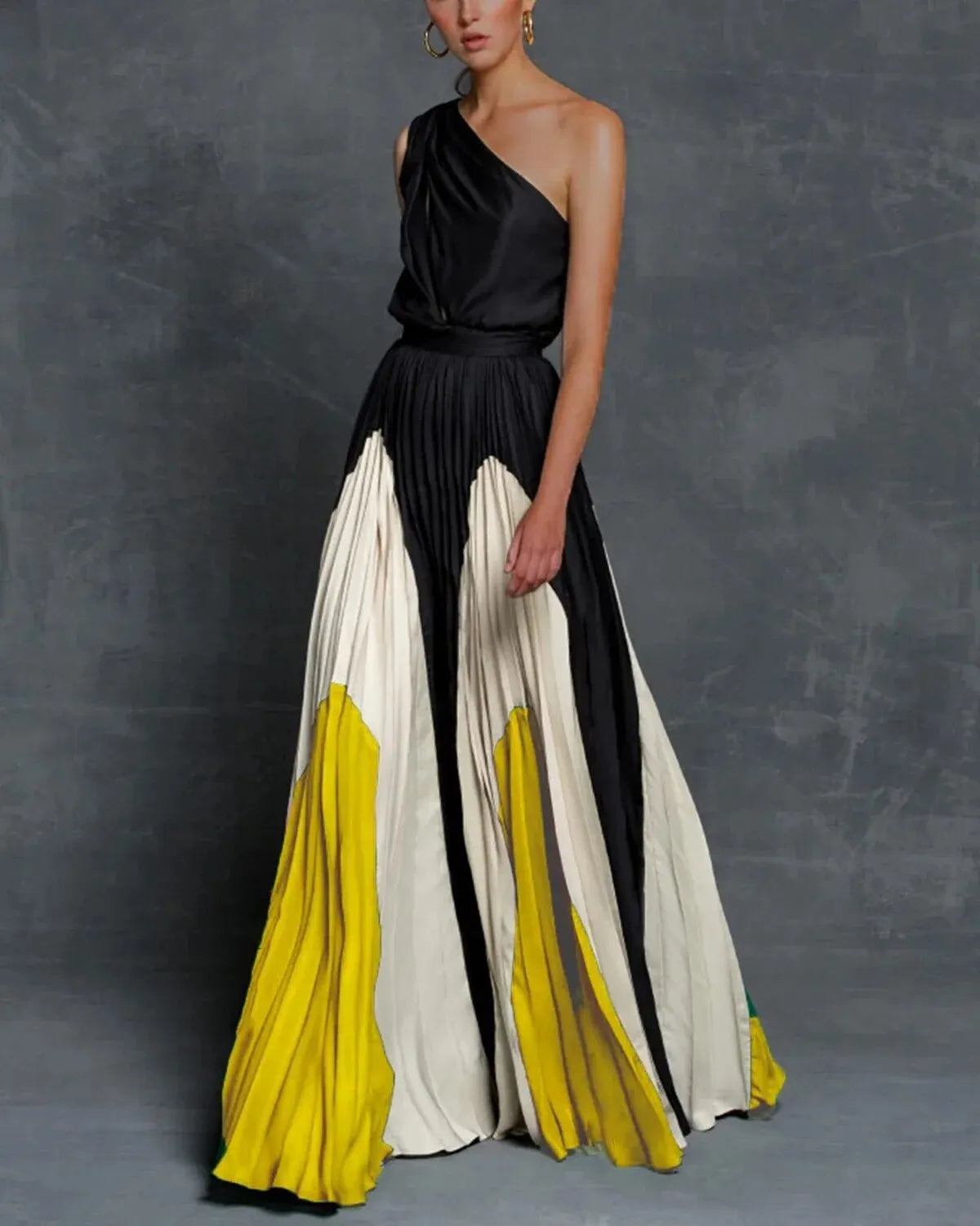 One-Shoulder Sunray Pleated Geometric Panel Maxi Gown