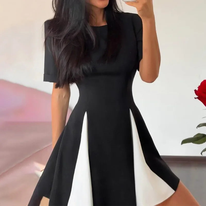 Contrast Patchwork Short Sleeve Mini Dress