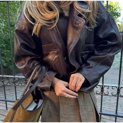 Burgundy Faux Leather Pocket Coat