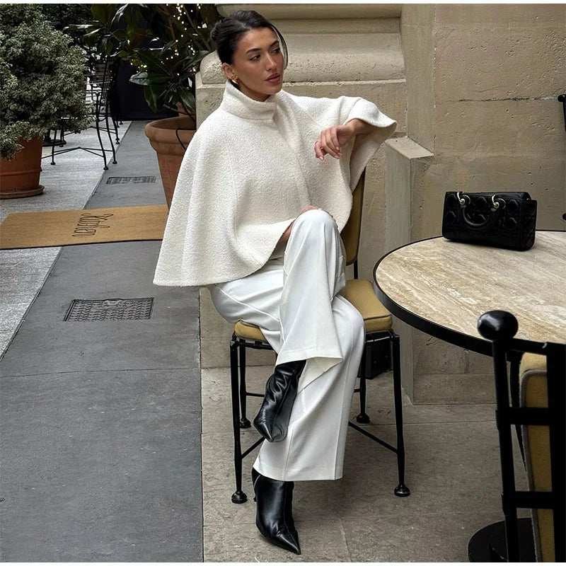 Elegant Cloak Women Loose High Neck A Line Hidden Button Coats Female 2025 Spring New Fashion Solid Soft Chic Cloaks Lady