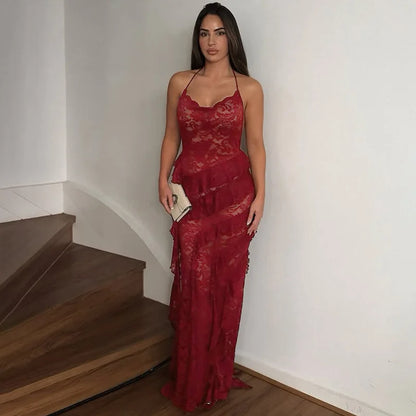 Lace Ruffled Spaghetti Strap Irregular Prom Dress