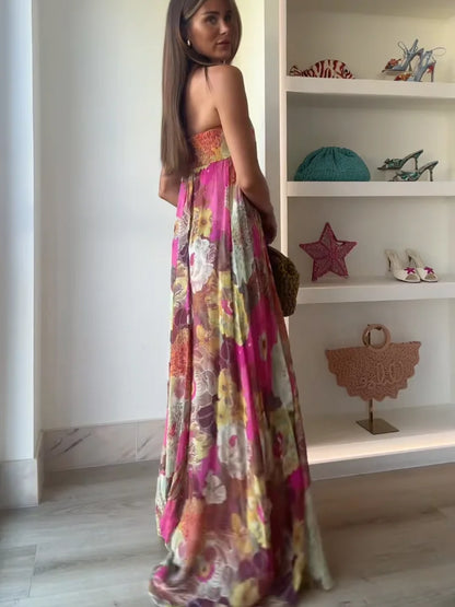 Pleated Printed Strapless High Waist Boho Dress
