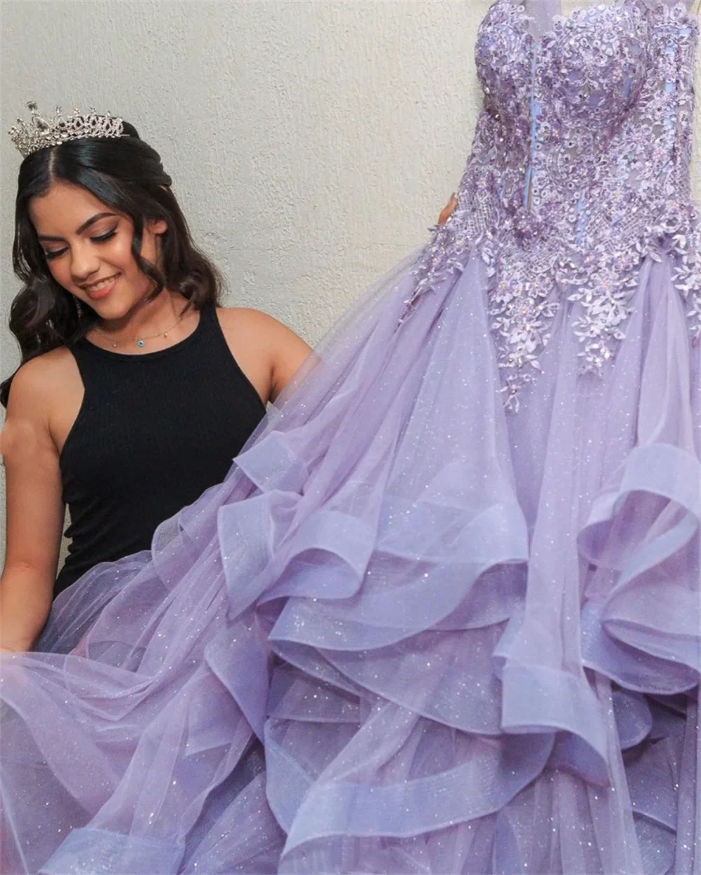 Lace Embroidery Glitter Fluffy Ruffle Purple Evening Dresses