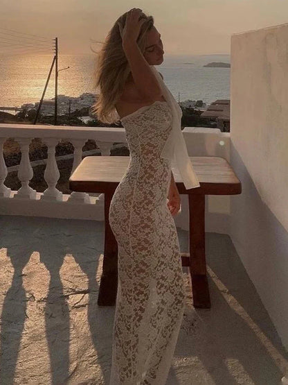 Lace Ribbon Strapless Sheer Maxi Dress