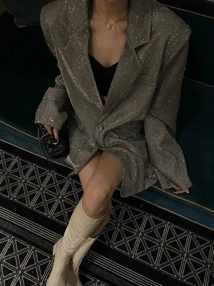 Sequin Glitter Pocket Lapel Coat