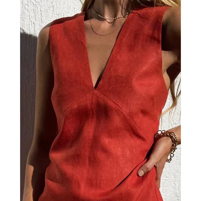 | Linen V-Neck Sleeveless Mini Dress
