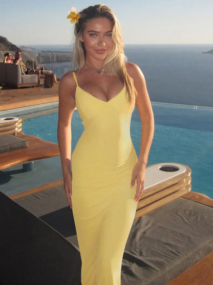 Spaghetti Yellow Sleeveless Bodycon Dress