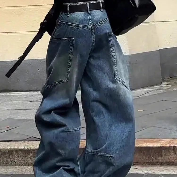 Fashionable High Street Straight Loose Jeans Simple Pocket Loose Wide-leg Jeans Harajuku Style Hip Hop Y2k Pants Baggy Pants