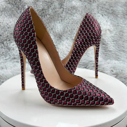 Wine Red Pointy Toe High Heel Shoes with Mesh Pattern for Women