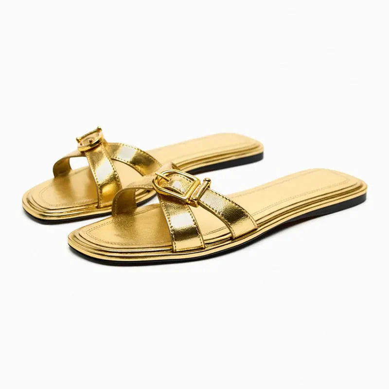 | Italian Leather Cutout Slide Sandal