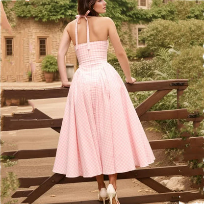 Pink White Plaid Bow Halter V Collar Midi Dress