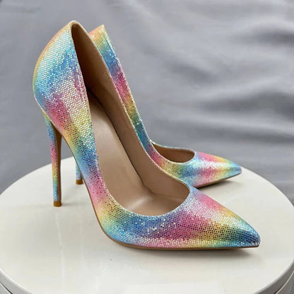 Colorful Rainbow Stiletto Pumps Women Sexy Pointed Toe 12cm High Heels