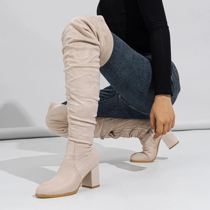Winter Zipper Women Over-the-Knee Boots Fashion Flock Square Heel Shoes
