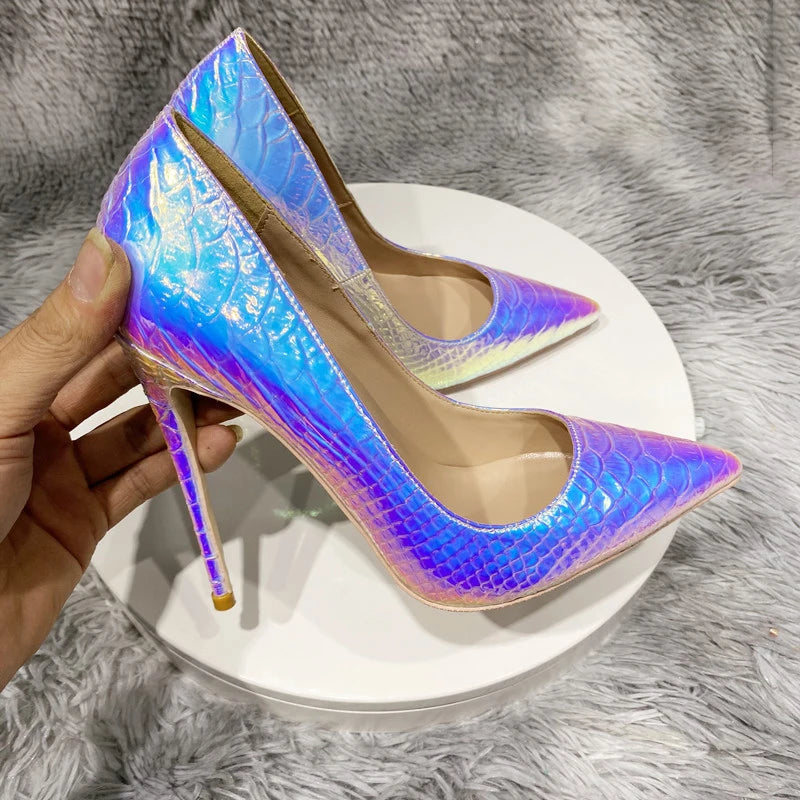 Silver Crocodile Effect Pointy Toe High Heel Party Dress Shoes for Women