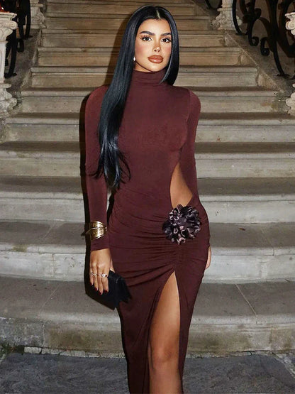 Turtleneck Hollow Out Thigh Split Bodycon Dress