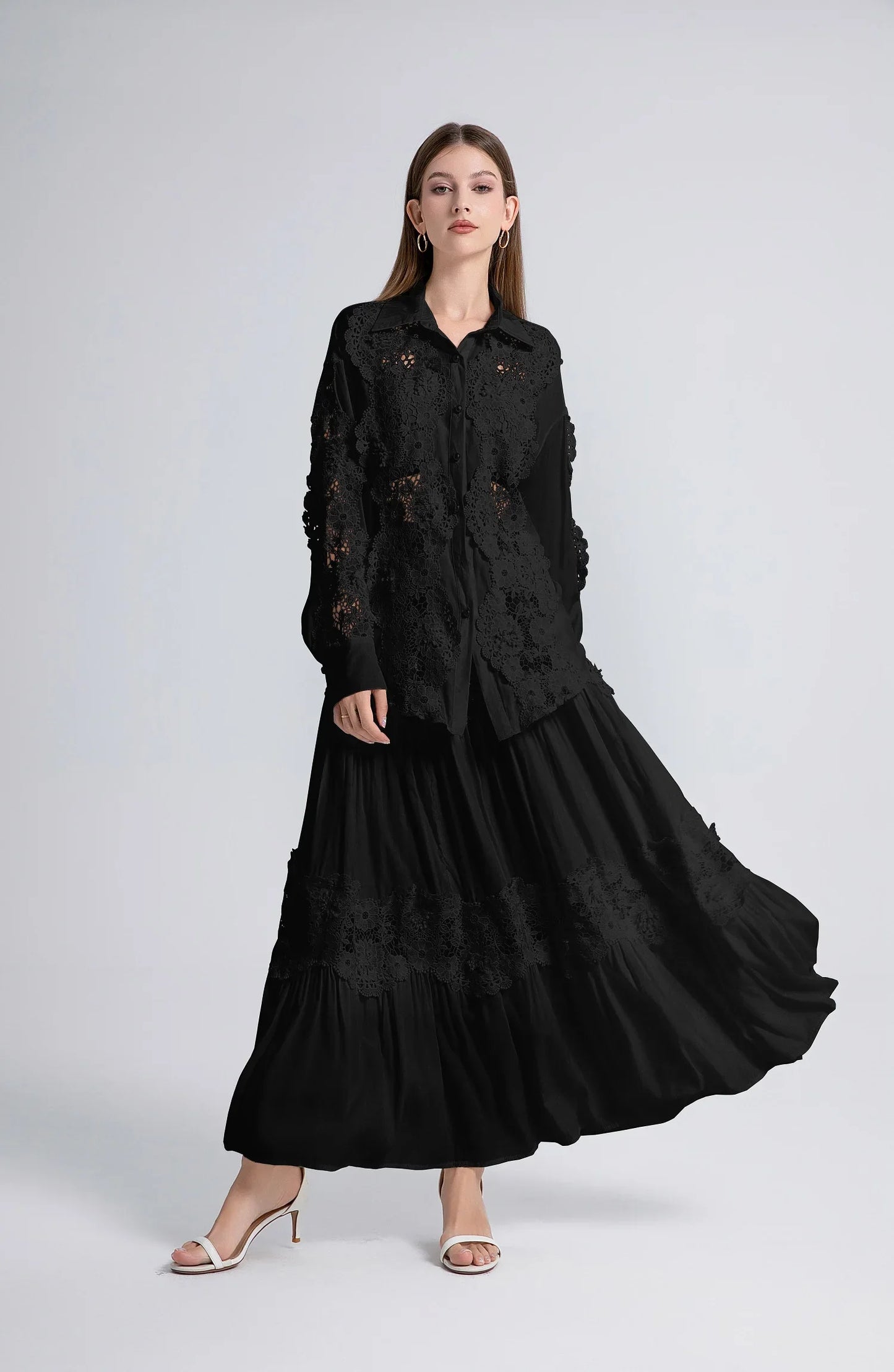 White Lace Maxi Skirt Blouse Set Casual Boho Dress