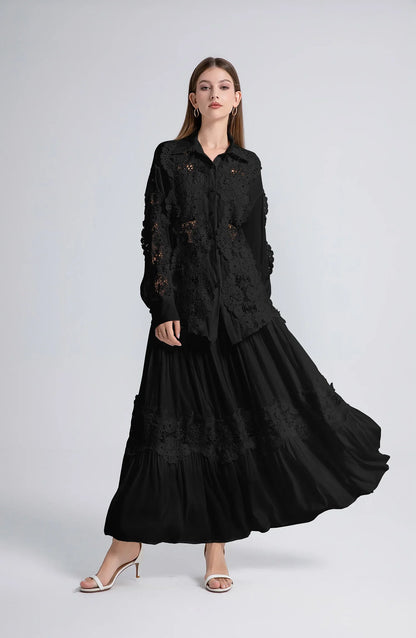 White Lace Maxi Skirt Blouse Set Casual Boho Dress