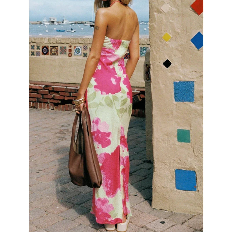 Strapless Floral Split Tube Vacation Dress