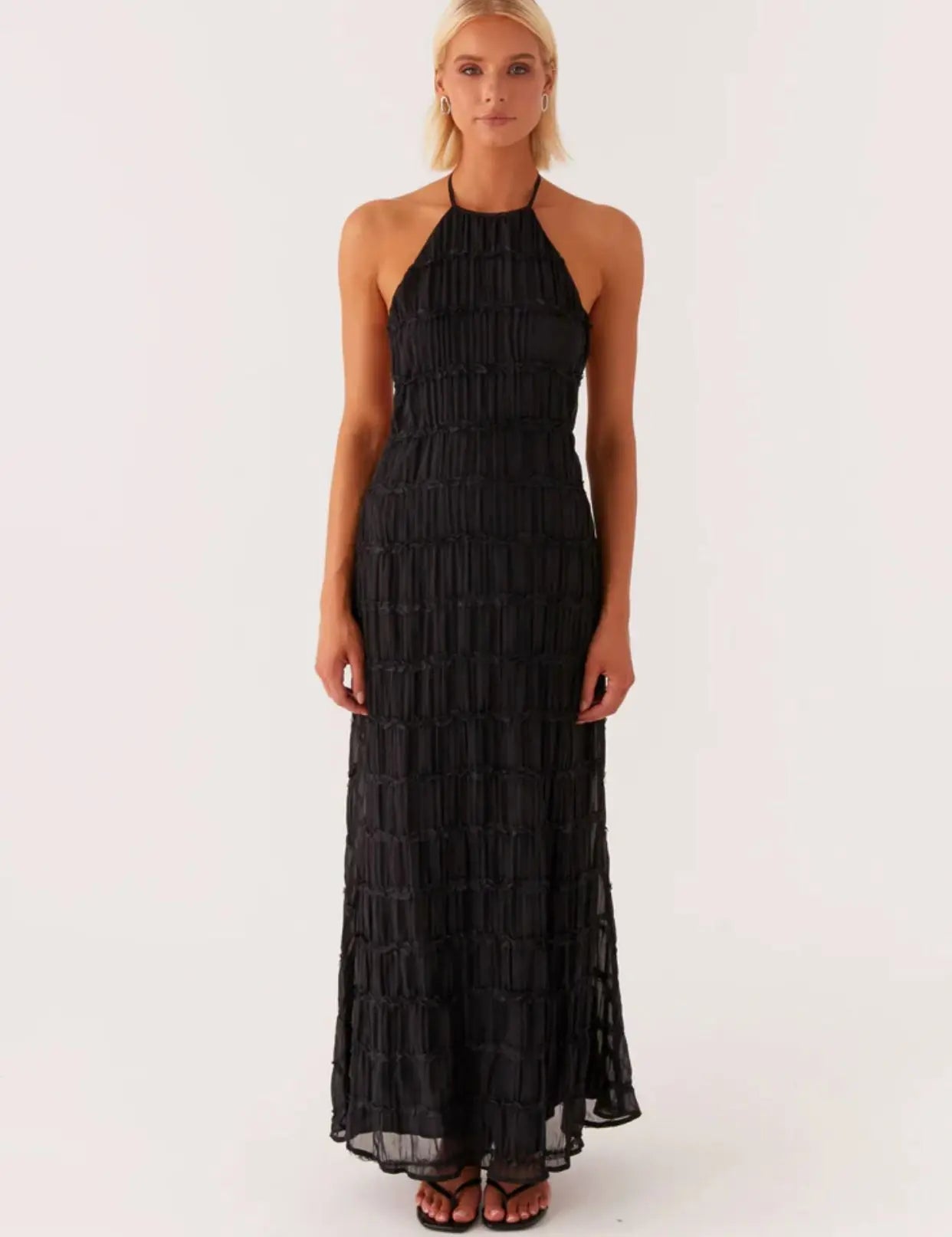 Backless Ruched Halter Ruffle Maxi Dress