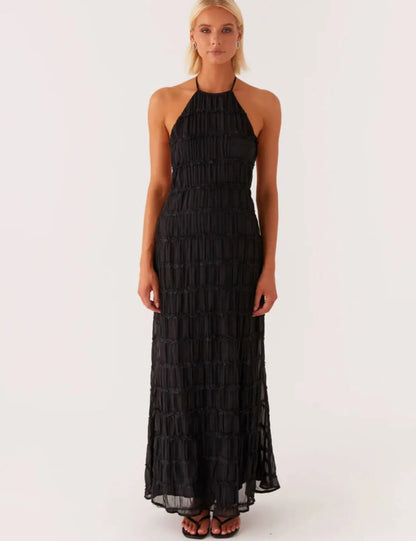 Backless Ruched Halter Ruffle Maxi Dress